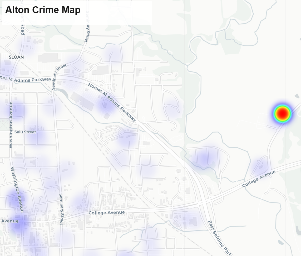 A screenshot from a heatmap of crime data in Alton, IL. The data is mostly scattered sparsely across the map, but there is one very bright hotspot to the right/west of the map.